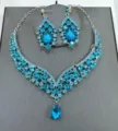 Blaues Kristall Braut Halskette Ohrringe Set elegante Luxus Hochzeit Party Schmuck - Silber Basis Blau Set