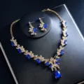Luxuriöse vergoldete blaue Zirkon Halskette und Ohrringe Braut Schmuckset für Damen - d605 Blau