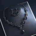 Wunderschönes schwarzes Strass Kristall Halskette Ohrringe Schmuckset für Hochzeit - d605 Schwarz