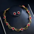 Elegantes Gold Rot Zirkon Halskette Ohrringe Set fuer Hochzeit Braut Schmuck Zubehoer - d351 Rot