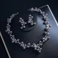 Elegante dunkle Perlen Zirkonia Halskette Ohrringe Set für Braut Hochzeit Abendkleid Schmuck. - d302 Grau