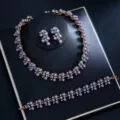 Elegante lila Perlen Strass Halskette Ohrringe Armband Schmuck Set für Damen Hochzeit. - d496 Blau