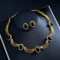 Gold schwarzer Stein Halskette Ohrringe Set Luxus Braut Hochzeit Bankett Schmuck Zubehör - d432 Schwarz