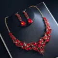 Luxus Rote Zirkon Strass Halskette Ohrringe Set Fuer Braut Hochzeit Party Schmuck - Rotes umgekehrtes Wassertropfen-Set