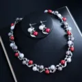 Braut Perlen Halskette Ohrringe Set, rot weiss grau Perlen silber Strass Party Schmuck - d485 Silber