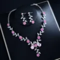 Rosa Kristall Blumen Rebe Braut Schmuck Set, elegante Halskette Ohrringe für Hochzeitsfeier. - d308 Silber Rosa