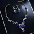 Blauer Zirkon Blumen Halskette Ohrringe Set, Elegantes Gold Finish Braut Schmuck Variante - d308 Gold Blau
