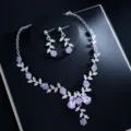 Elegantes Lila Zirkon Blume Ranke Halskette Ohrringe Set Braut Hochzeit Party Schmuckgeschenk - d308 Silber Lila