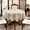 Detailed shot of embroidered organza round tablecloth with delicate lace fringe home decor - 60cm Round / Brown Flower