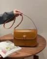 Vintage brown leather crossbody bag for women, casual small shoulder bag with flap design. - Yellow