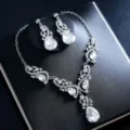 Silber Zirkon Braut Schmuck Set Tropfen Halskette Ohrringe Hochzeit Party Zubehoer - Silbernes Großes Wassertropfen Set