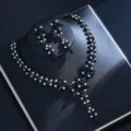 Schwarzer Zirkon Halskette Ohrringe Set fuer Braut Hochzeit Luxus Schmuck Damen Geschenk - Schwarzes Langes Blätter Set