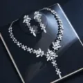 Silber Zirkon Kristall Braut Halskette und passende Ohrringe Schmuck Set Stil Variant - Silbernes Langes Blätter Set