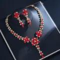 Rotes Kristall Strass Braut Halskette Ohrringe Schmuck Set elegante Hochzeit Bankett Zubehör - Rotes Langes Blätter Set