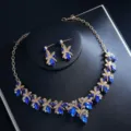 Elegante goldfarbene blaue Zirkonia Halskette Ohrringe Braut Schmuck Set Hochzeit Party - Blaues Rauten Set