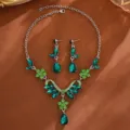 Luxus gruen Kristall Halskette Ohrringe Set Braut Hochzeit Party Schmuck Zubehoer Geschenk - Grünes Wassertropfen-Blumenset