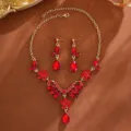 Luxus rote Kristall Zirkon Braut Halskette Ohrringe Schmuck Set Damen Hochzeit Party - Rotes Wassertropfen-Blumenset