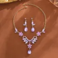 Elegantes goldfarbenes lila Kristall Blumen Tropfen Halskette Ohrringe Set Damen - Violettes Wassertropfen-Blumenset