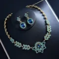 Luxus Gold-Ton Blau Zirkonia Braut Schmuck Set, elegante Blumen Halskette und Ohrringe. - Dunkelblaues rundes Set