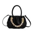 Black pleated cloud bag with marble bead chain, stylish women's shoulder crossbody handbag. - With Charm / Black