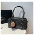 Black PU leather tote shoulder bag with cute puppy keychain for women daily commute - With Pendant / Black