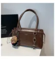 Brown PU Leather Shoulder Bag Large Capacity Tote Commuter Handbag with Bear Pendant - With Pendant / Brown