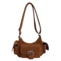 Sac à bandoulière en cuir PU marron avec poches multiples et boucle. Sac tendance. - Brun Sans Pendentif