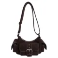 Sac à bandoulière pour femme marron foncé multi-poches style rétro avec boucle en métal. - Brun Sans Pendentif