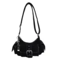 Sac à bandoulière noir élégant avec poche avant et boucle métallique, sac tendance pour femmes. - Noir Avec Pendentif