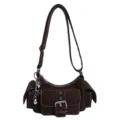 Sac à épaule vintage marron foncé à multi-poches, sac bandoulière rétro et élégant. - Café Avec Pendentif