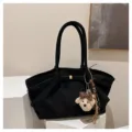 Black suede large capacity tote bag, stylish shoulder bag with cute plush bear pendant. - With Pendant / Black