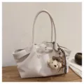 Stylish beige suede tote bag for women, large capacity casual shoulder bag variant. - With Pendant / White