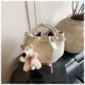 Cream white bucket bag with cute bear pendant retro women leather handbag shoulder bag - With Pendant / White