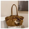Brown suede large capacity tote bag with bear charm, chic shoulder bag for commute - With Pendant / Brown