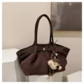Stylish brown suede tote bag for women, large capacity shoulder bag for daily commute & chic. - With Pendant / Coffee (Tiger Eye Texture)