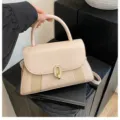 Elegant beige top handle handbag with woven details and metal lock closure for women. - Khaki