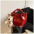 Chic red patent leather bucket bag for women retro fashion shoulder bag with cute bear - With Pendant / Red