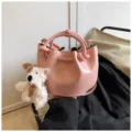 Chic women pink bucket bag retro handbag shoulder crossbody bag with cute bear pendant. - With Pendant / Pink