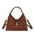 Brown woven leather shoulder bag for women, stylish commute hobo handbag with metal lock. - Brown