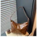Brown patent leather studded shoulder hobo bag, chic casual crossbody bag for daily women. - Brown