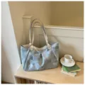 Κορεάτικη vintage πλυμένη τσάντα tote, μεγάλη τσάντα ώμου για την καθημερινή μετακίνηση. - Χωρίς μενταγιόν / Μπλε και Ασημί