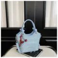 Light blue denim bucket bag, stylish handbag with knotted handles and cherry charm. - Cherry Pendant / Blue