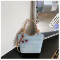 Chic denim bucket bag for women, stylish shoulder handbag with cute cherry charm. - Cherry Pendant / Khaki