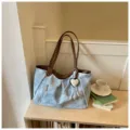 Blue-grey large shoulder tote bag with brown handles, stylish commuter hobo handbag for daily use. - With Pendant / Blue and Brown