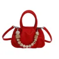 Red pleated cloud handbag for women, stylish top handle shoulder bag with acrylic bead chain. - With Charm / Red