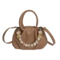 Beige pleated cloud handbag with stylish marbled bead chain, chic shoulder crossbody bag. - With Charm / Khaki
