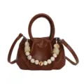 Chic brown ruched cloud shoulder bag with stylish beaded handle for women daily fashion. - With Charm / Brown