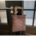 Leopard print shoulder bag with bamboo handle, chic retro style women's bucket bag. - Coffee