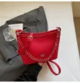 Rote Leder Eimer Tasche fuer Damen stilvolle Umhaengetasche retro geflochtene Kette Tasche - Rot