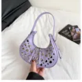 Trendy purple studded crescent shoulder bag, Y2K punk PU leather hobo handbag for women. - Purple